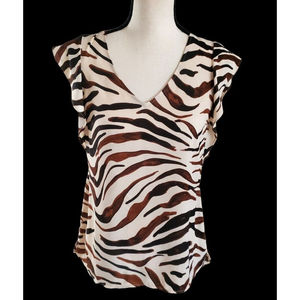 CAbi Brown & Tan Zebra Print Flutter Sleeve Chiffon V-Neck Top Sz XS